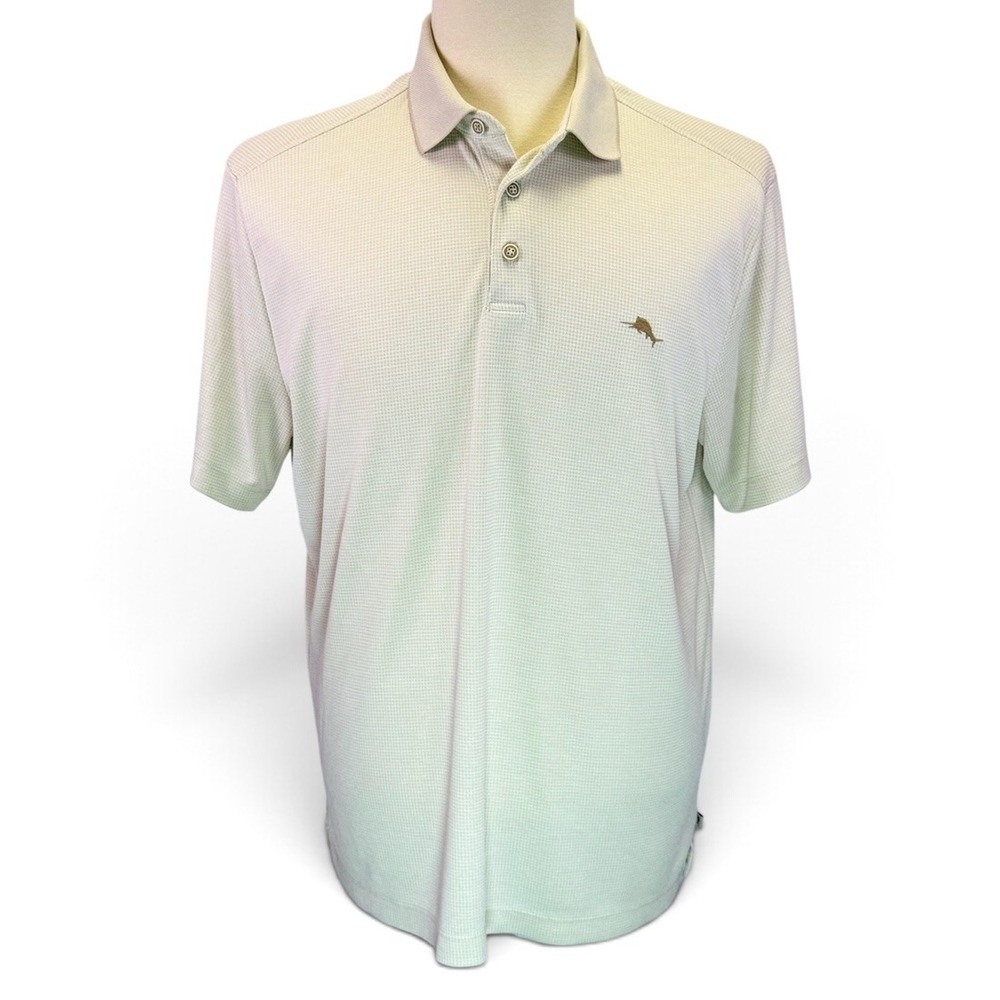 Tommy Bahama Cream Houndstooth Plaid Polo Embroidered Marlin Mens Size Large